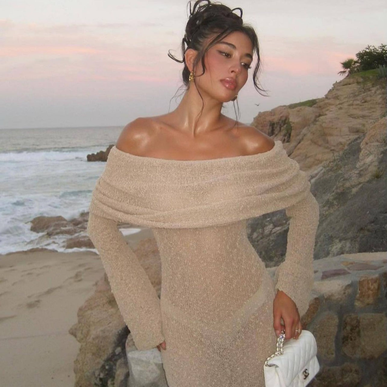 Off The-shoulder Knitted Long-sleeved Long Dress