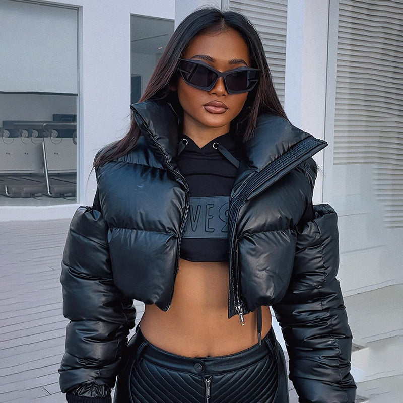 Mechanical Style Hollow Out Off-the-shoulder Stand-up Collar Zipper Short Crop Jacket