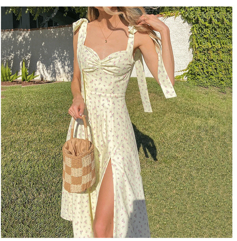 Women's Yellow Print Dress Summer Sleeveless Tie Up Bow
