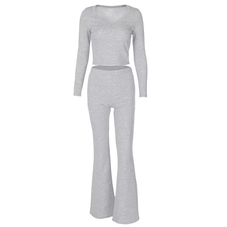 Solid Color Long Sleeve Flared Pants Two-piece Set