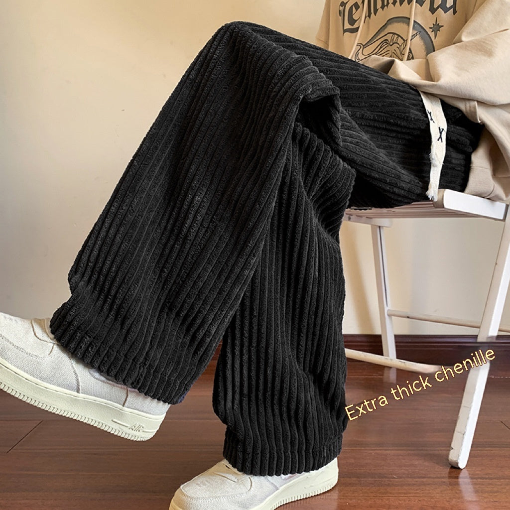 Thick Striped Corduroy Men's Winter Fleece Lined Padded Warm Keeping Wide Leg Pants
