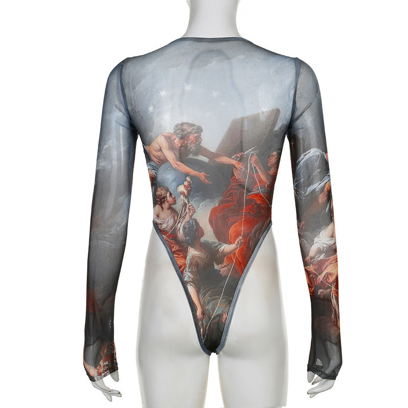 Stitching Mesh See-through Long-sleeved Bodysuit