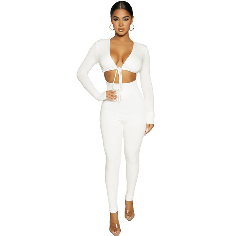 Solid Color Sexy Lace-up Hollow Long-sleeved Kimmie jumpsuit