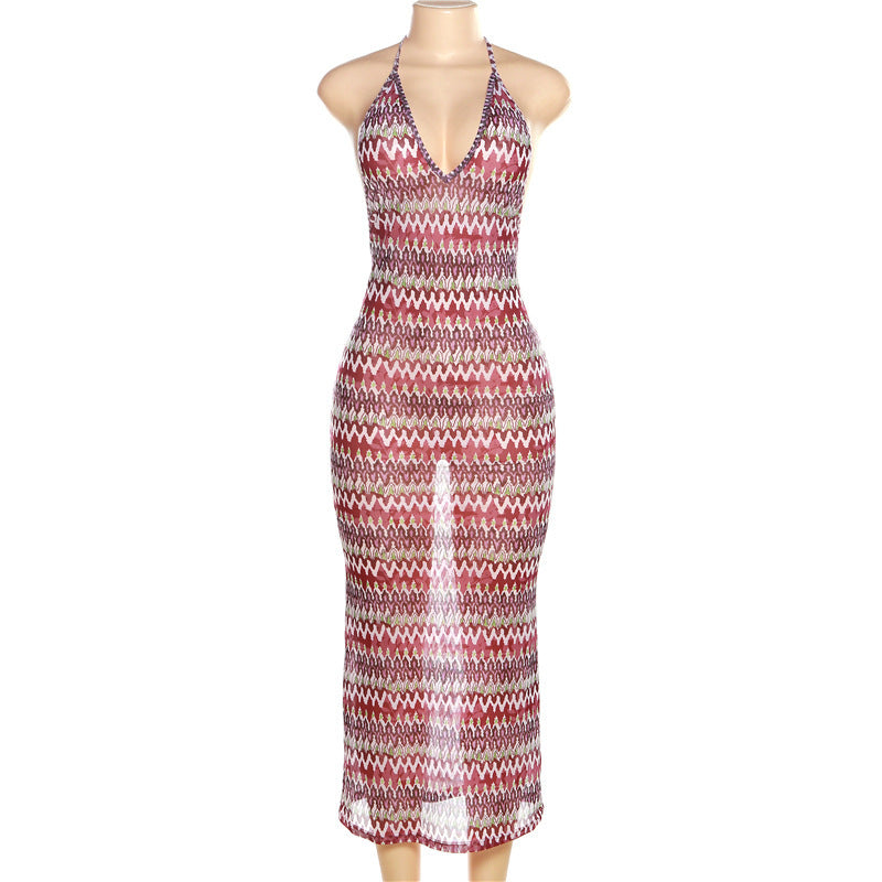 Women's Sheer Halter Lace-up Long Dress Swim Cover Up