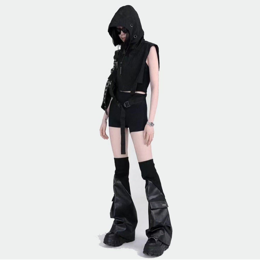 Faux Leather Patchwork Pocket Mechanical Style Leg Warmer