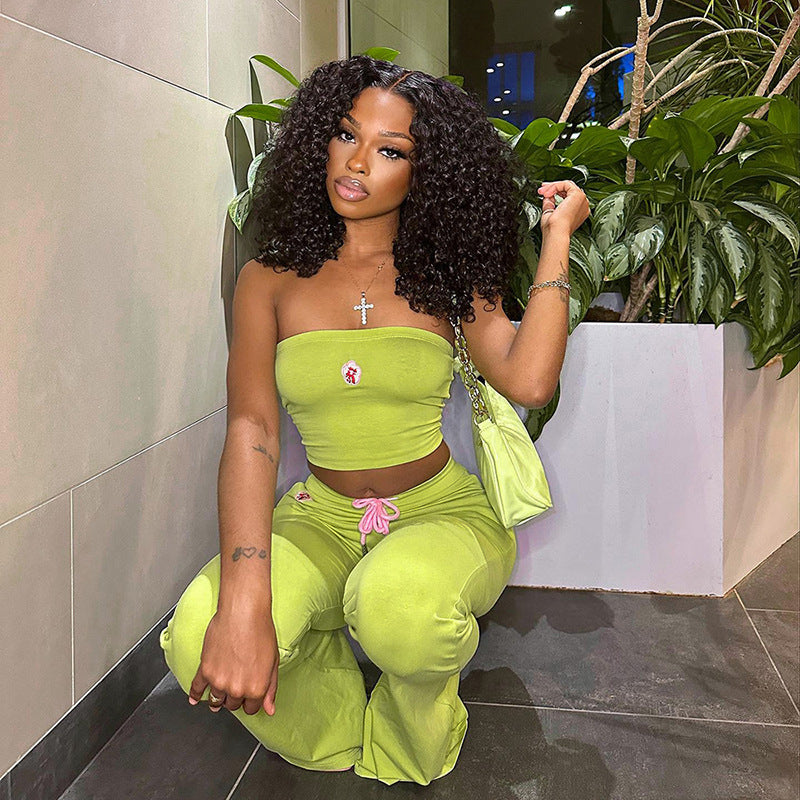 Embroidery Tube Top And High Waist Drawstring Bell-bottomed Pants Two-piece Set