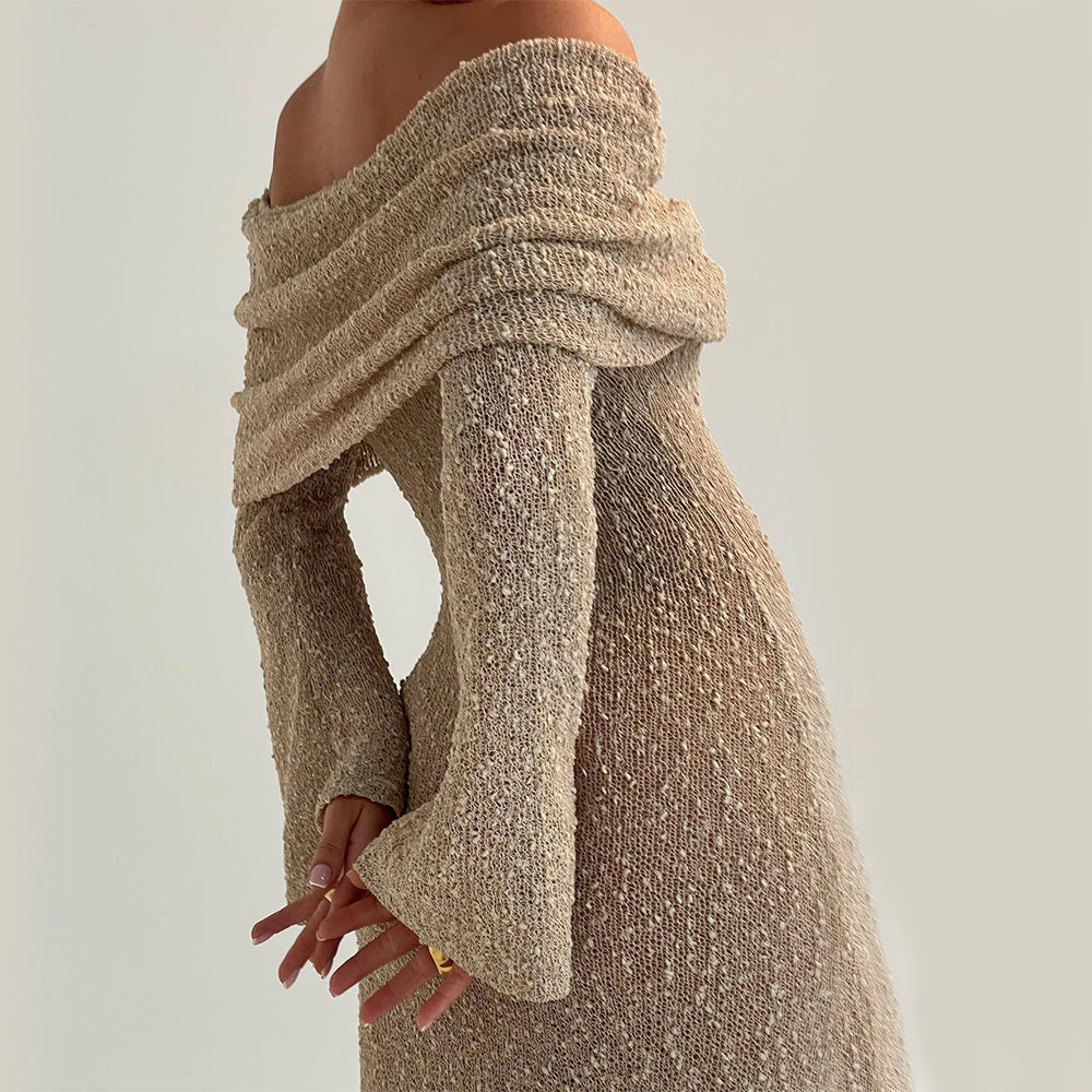 Off The-shoulder Knitted Long-sleeved Long Dress