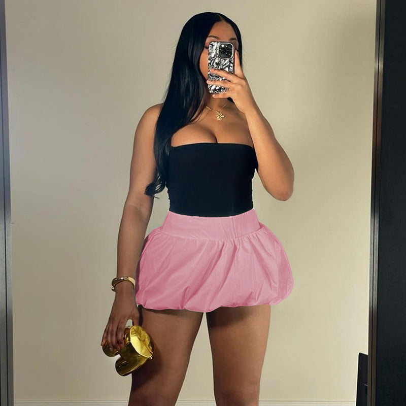 Pure Color Puffy High Waist Ultra Short Skirt