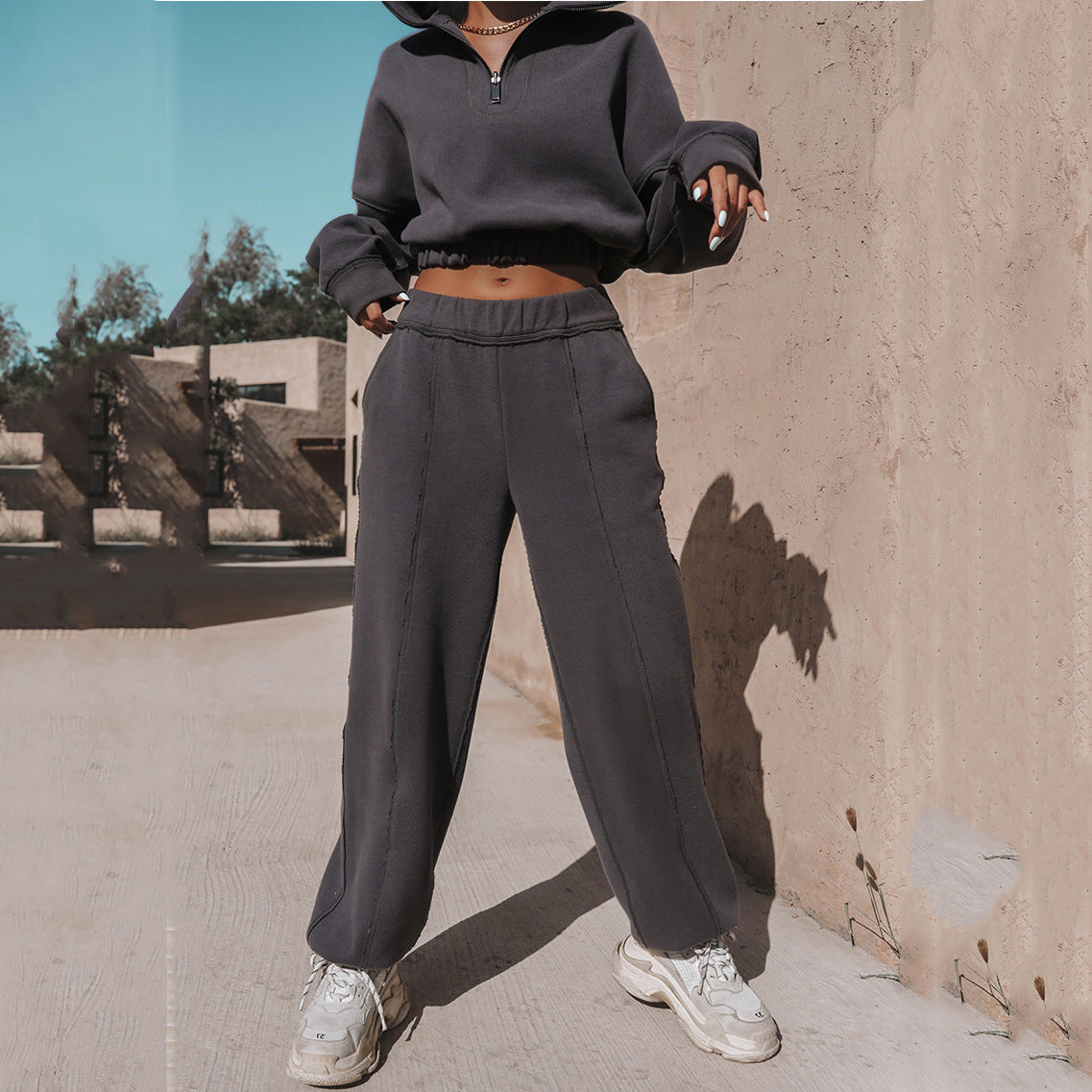 Long Sleeve Turtleneck Sweatshirt and Loose Straight Leg Pants Set