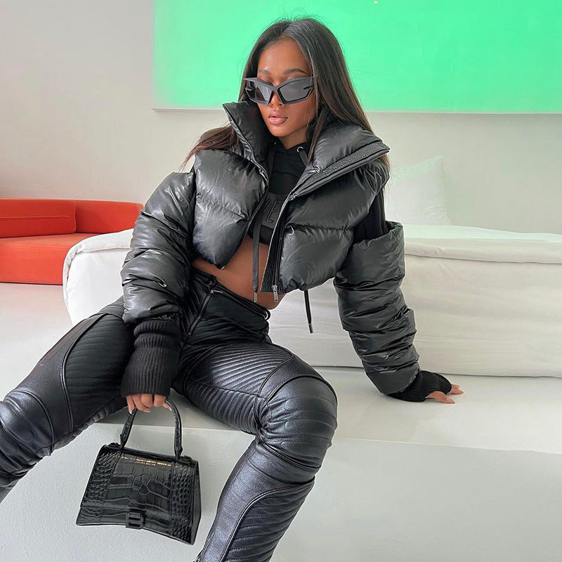 Mechanical Style Hollow Out Off-the-shoulder Stand-up Collar Zipper Short Crop Jacket