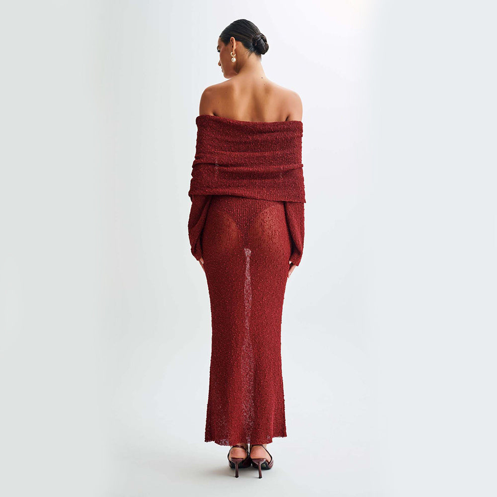 Off The-shoulder Knitted Long-sleeved Long Dress
