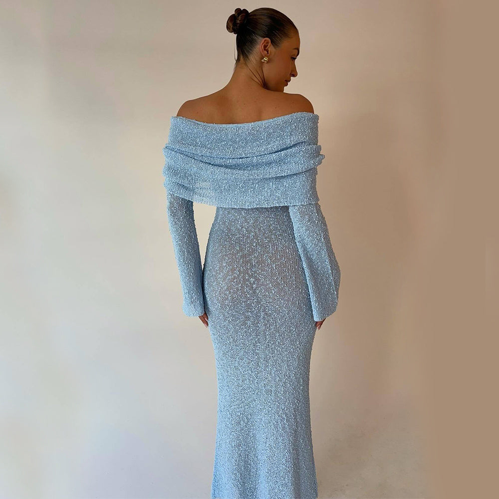 Off The-shoulder Knitted Long-sleeved Long Dress