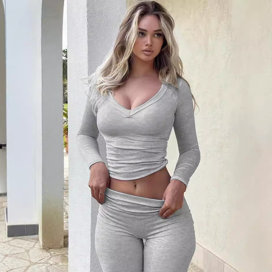 Solid Color Long Sleeve Flared Pants Two-piece Set