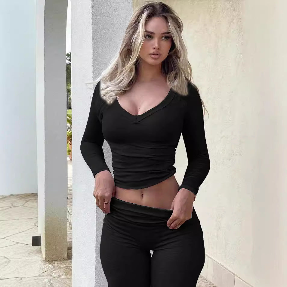 Solid Color Long Sleeve Flared Pants Two-piece Set
