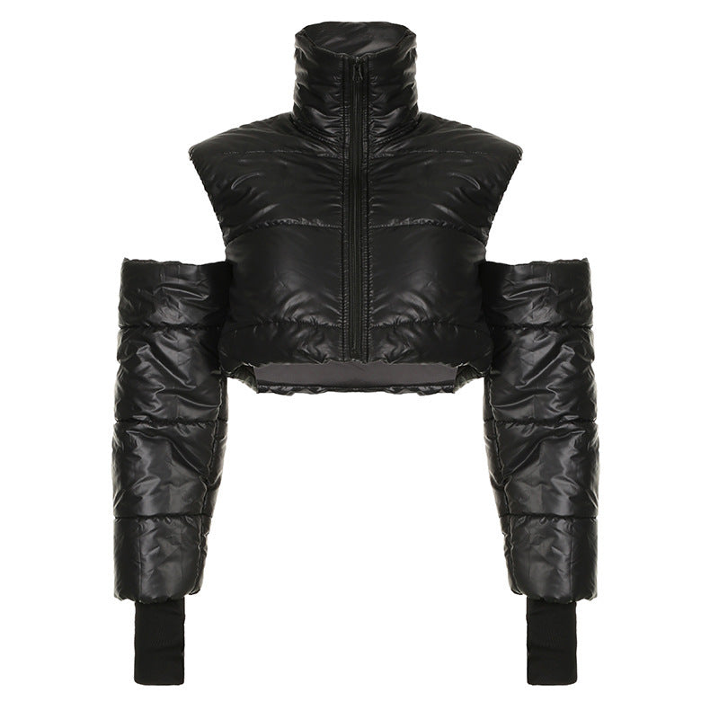Mechanical Style Hollow Out Off-the-shoulder Stand-up Collar Zipper Short Crop Jacket
