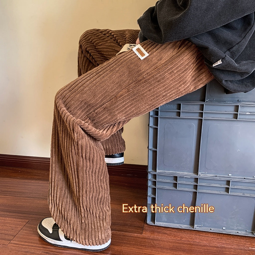 Thick Striped Corduroy Men's Winter Fleece Lined Padded Warm Keeping Wide Leg Pants