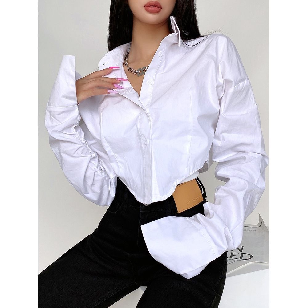 Women's Lapel Long Sleeve Cinched Crop Top Blouse