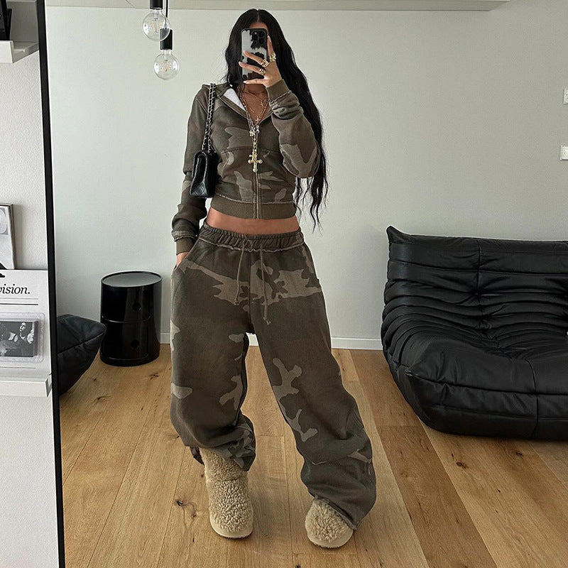 Camouflage Two-Piece Zipper Sweatshirt Loose Large Sweatpants Hoodie Set