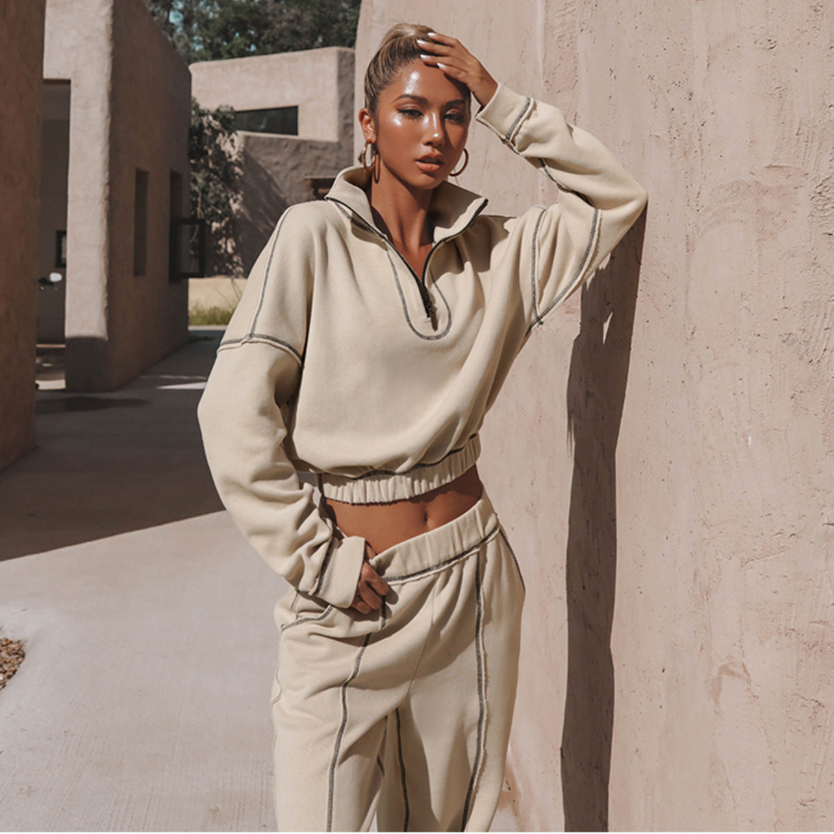 Long Sleeve Turtleneck Sweatshirt and Loose Straight Leg Pants Set