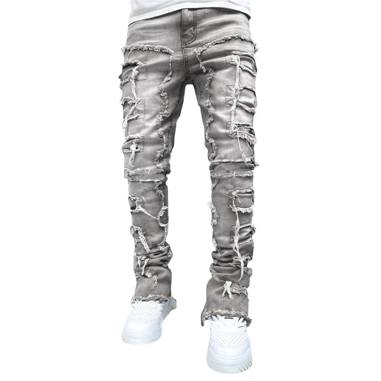 Men Individual Patched Long Tight Fit Stacked Jeans