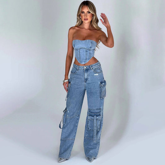 Women's Suit Low Waist Three-dimensional Tube Top And Pocket Stitching Jeans