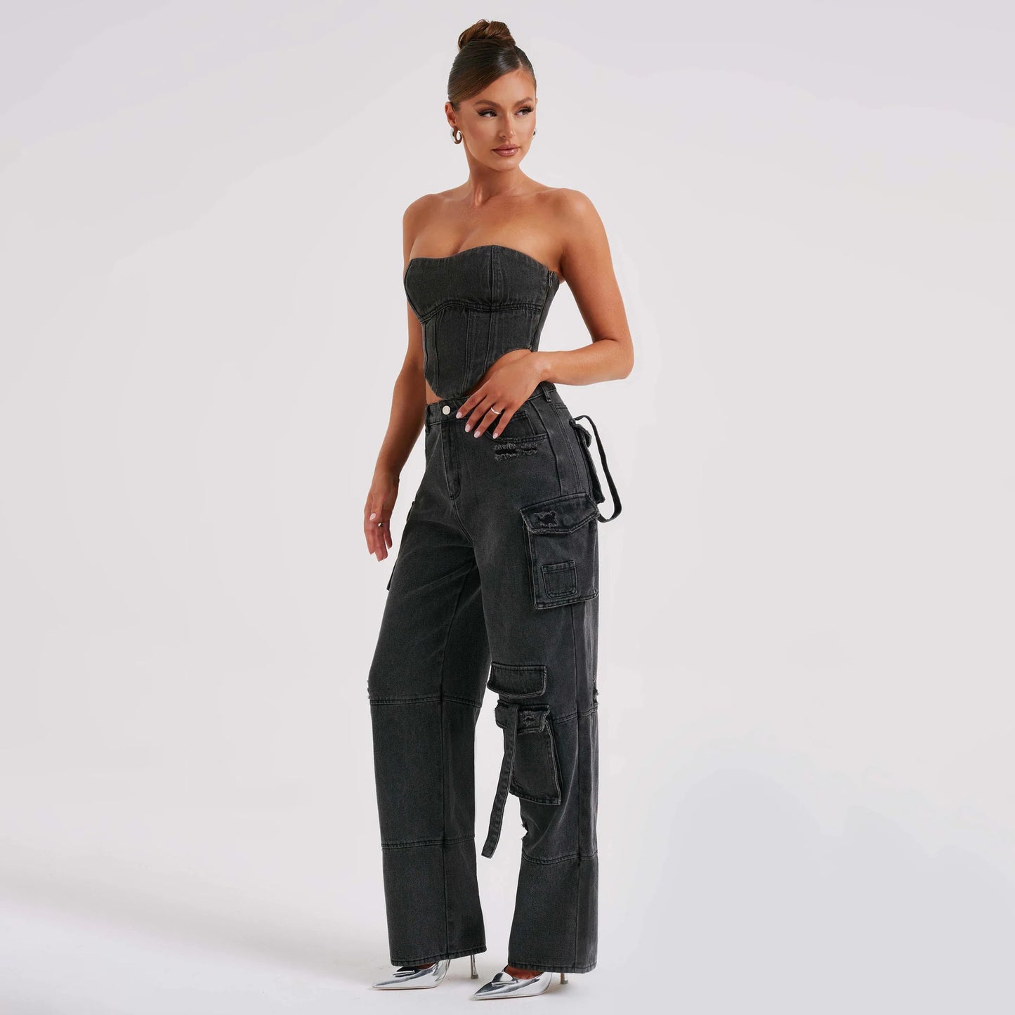 Women's Suit Low Waist Three-dimensional Tube Top And Pocket Stitching Jeans