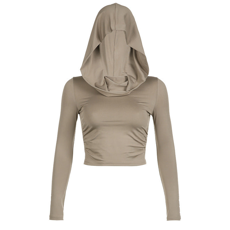 Draped Collar Off-shoulder Hooded Top