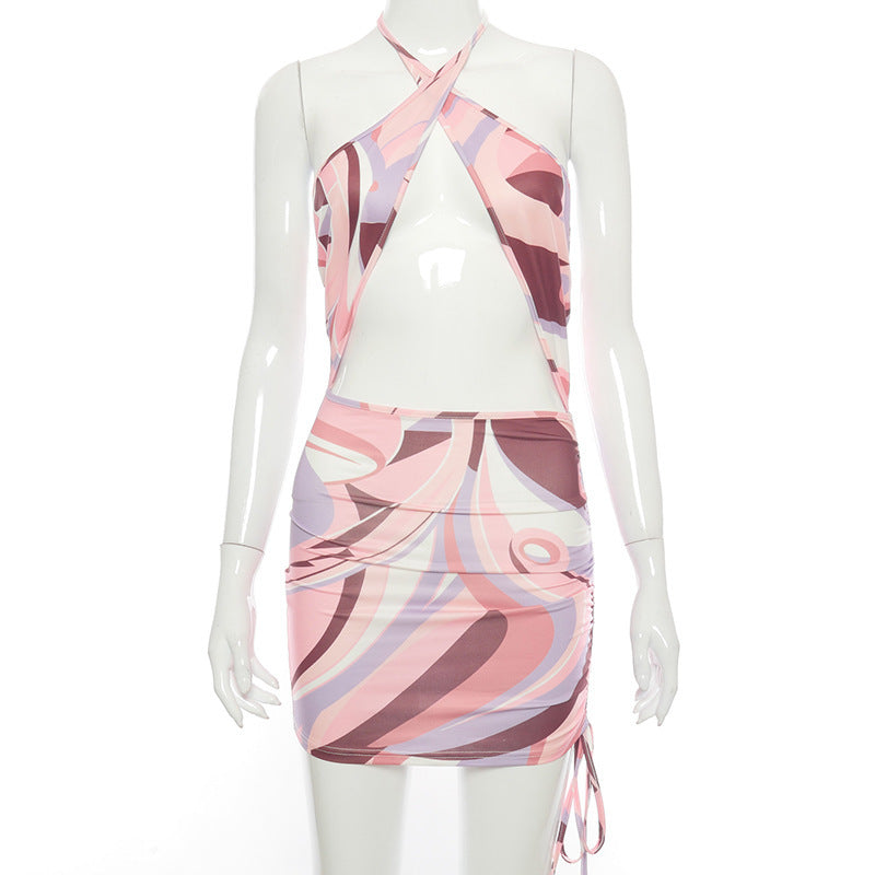Women's Summer Printed Halterneck Cross Halterneck Dress