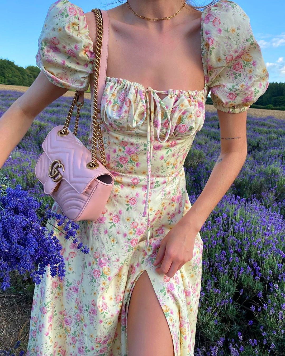 Floral Print Puff Short Sleeve High Split Long Dresses