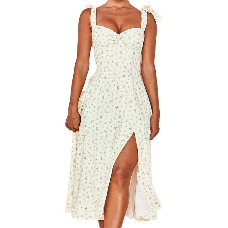 Women's Yellow Print Dress Summer Sleeveless Tie Up Bow