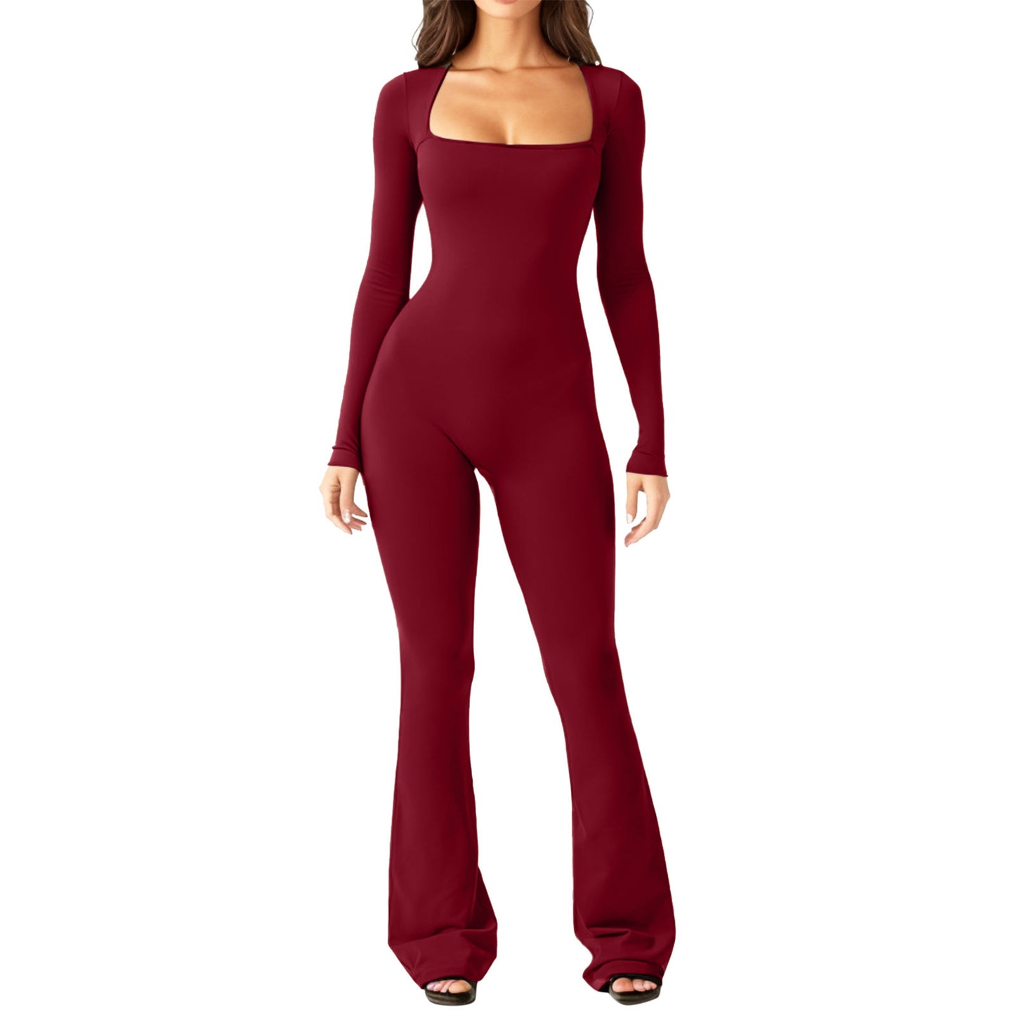 Women Long Sleeve Belly Waist Shaping And Hip Lift Square Collar Wide Leg High Elastic Jumpsuit