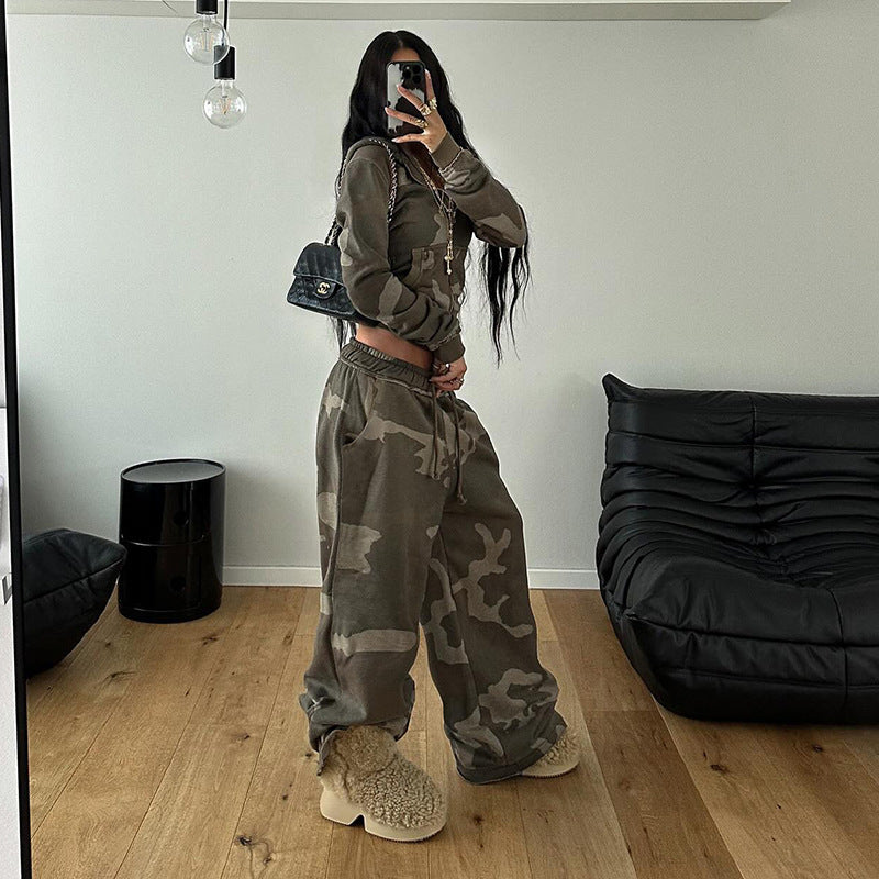 Camouflage Two-Piece Zipper Sweatshirt Loose Large Sweatpants Hoodie Set