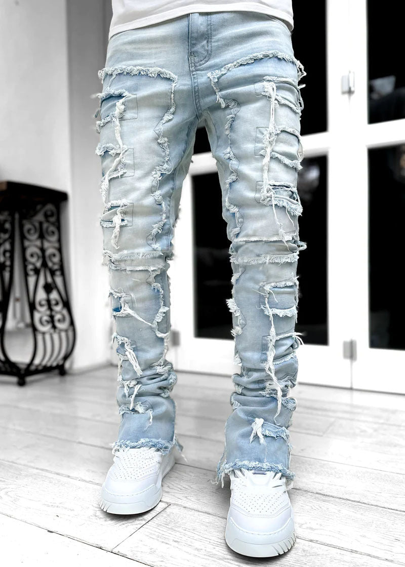 Men Individual Patched Long Tight Fit Stacked Jeans