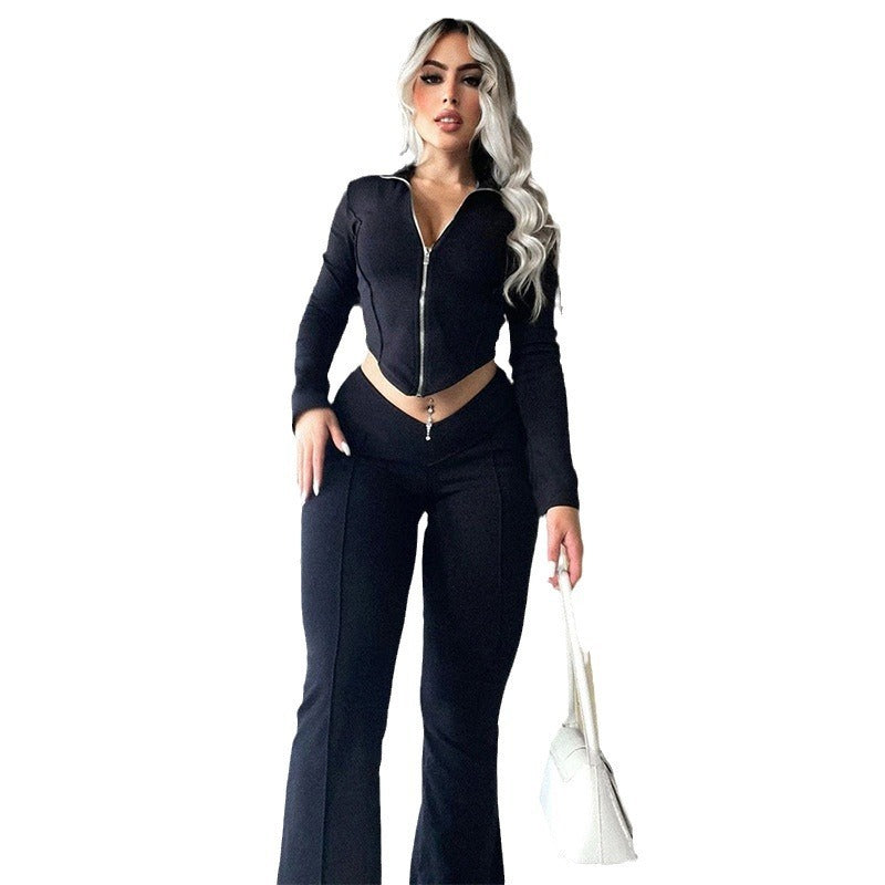 High Waist Crop Top Leisure Sports Two-piece Jacket and Pants Set