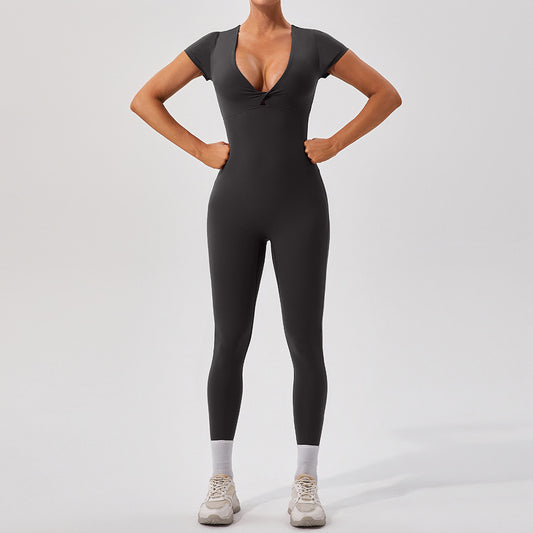 Short Sleeve V-Neck Yoga Jumpsuit