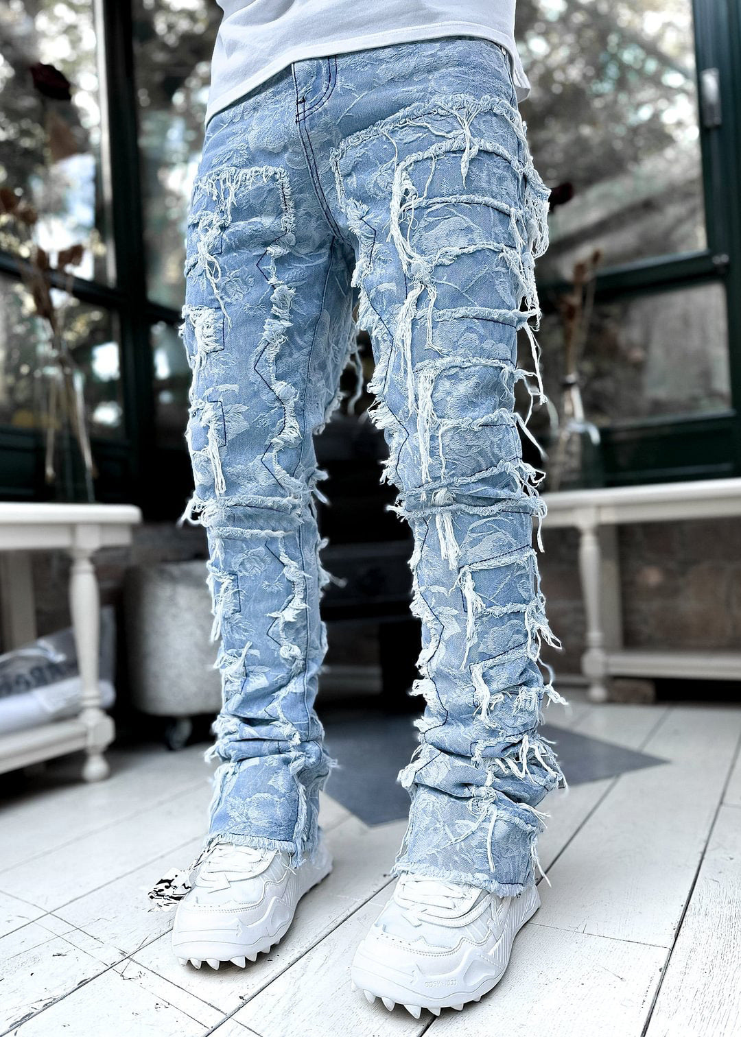 Men Individual Patched Long Tight Fit Stacked Jeans