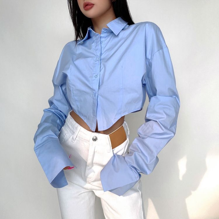 Women's Lapel Long Sleeve Cinched Crop Top Blouse