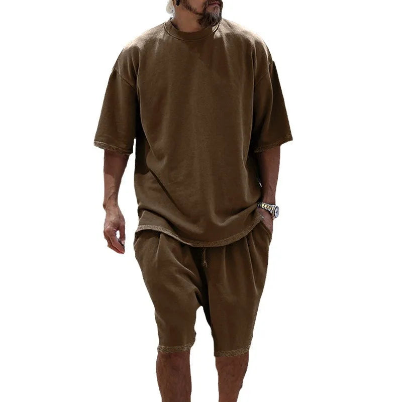 2024 Summer New Large Cotton Men Set Casual Sports round Neck Solid Color Loose Male Two Piece Set