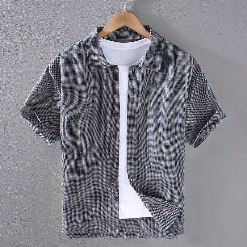 Men's Woven Fine Plaid Linen Short Sleeved Shirt