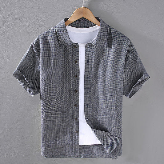 Men's Woven Fine Plaid Linen Short Sleeved Shirt