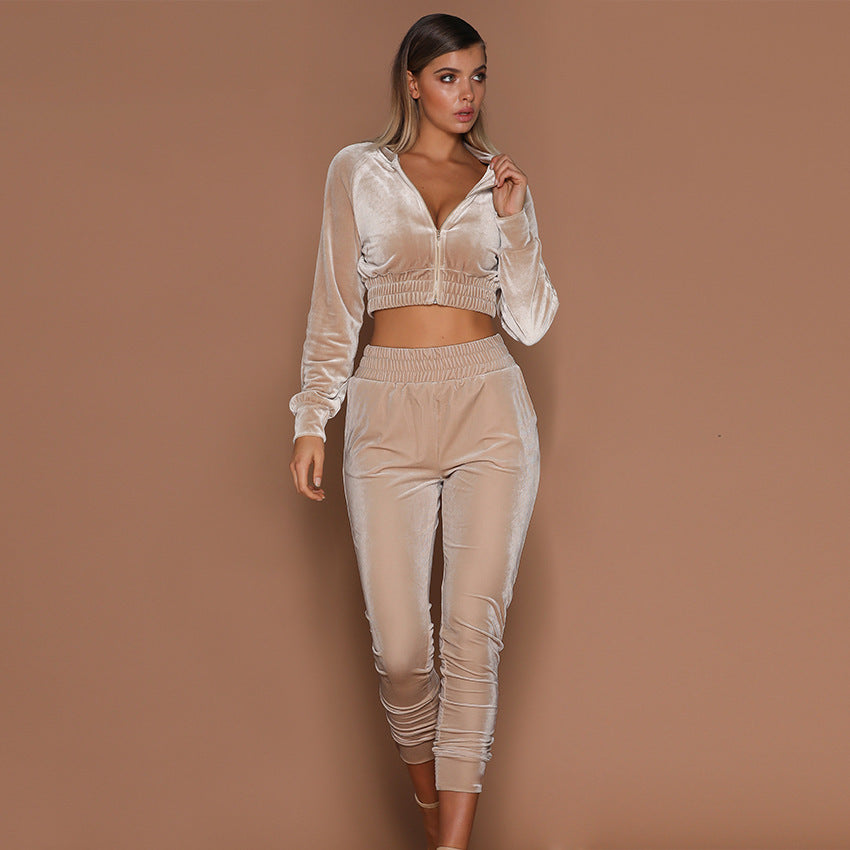 Velvet Two Piece Crop Hoodie Set