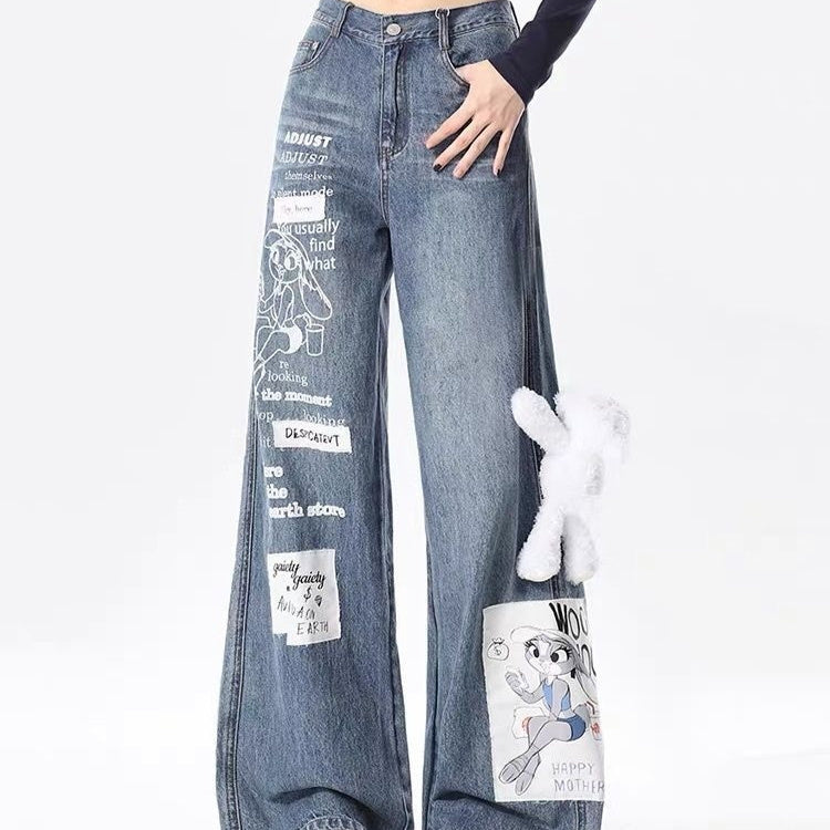 Cartoon Rabbit Print Loose Straight Casual Wide-leg Pants