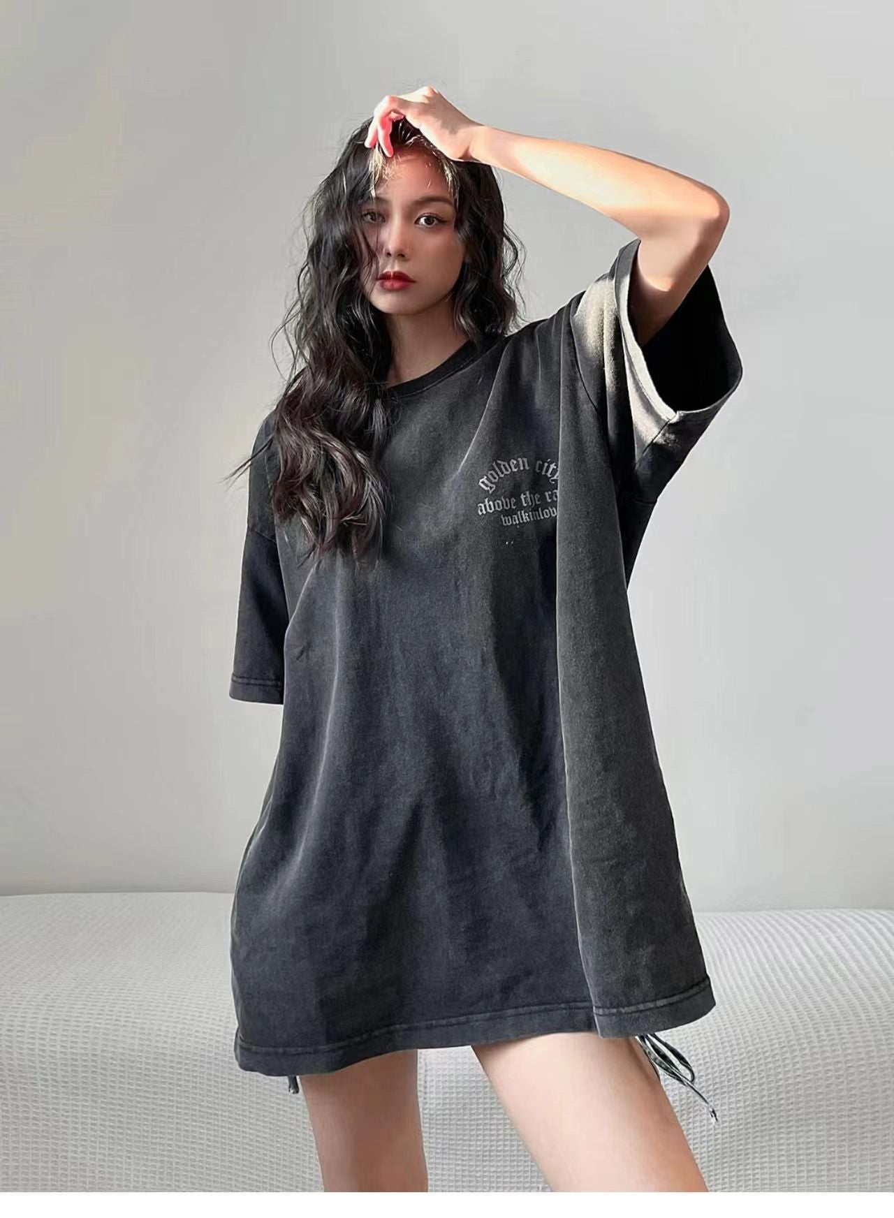 Distressed Black Cotton Short-sleeved T-shirt For Women