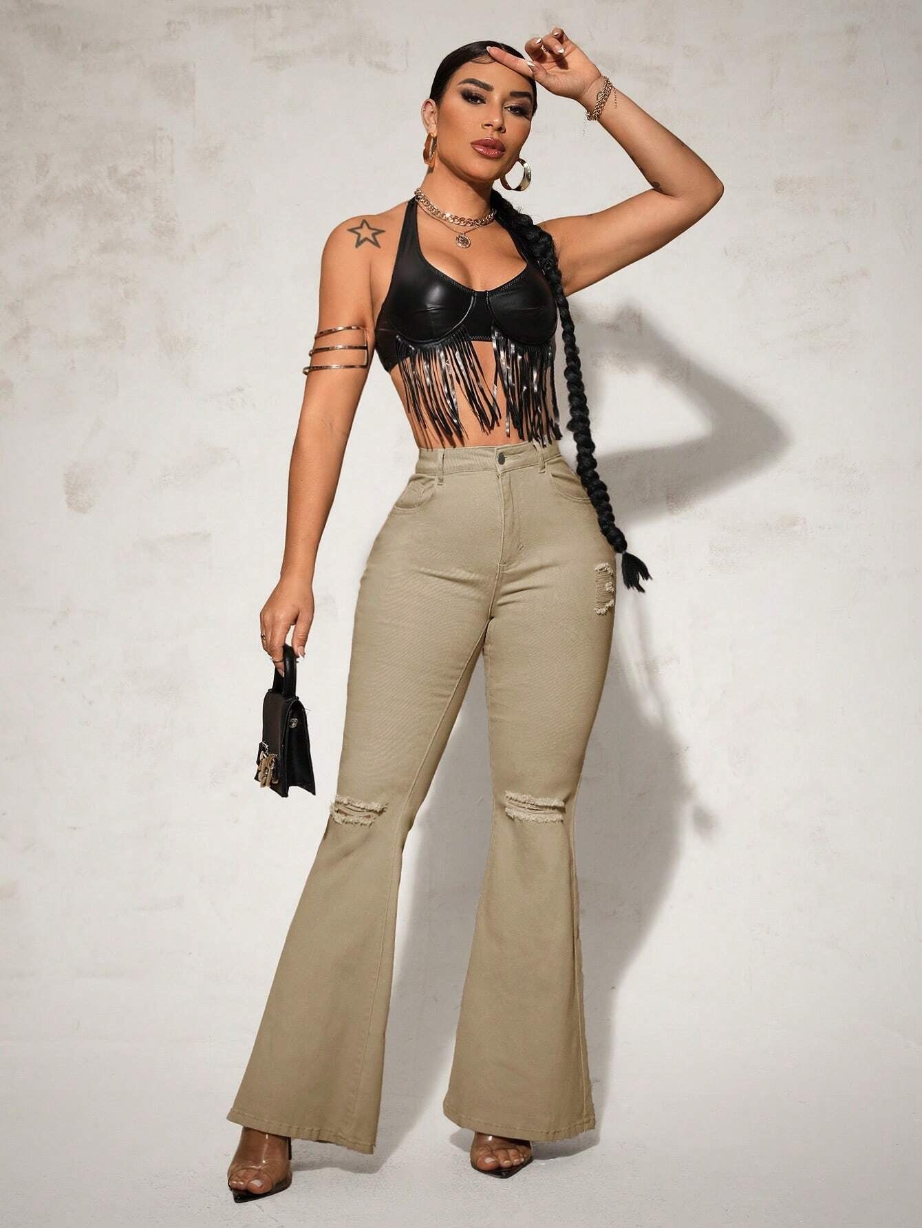 SHEIN SXY High Waist Ripped Flare Leg Jeans