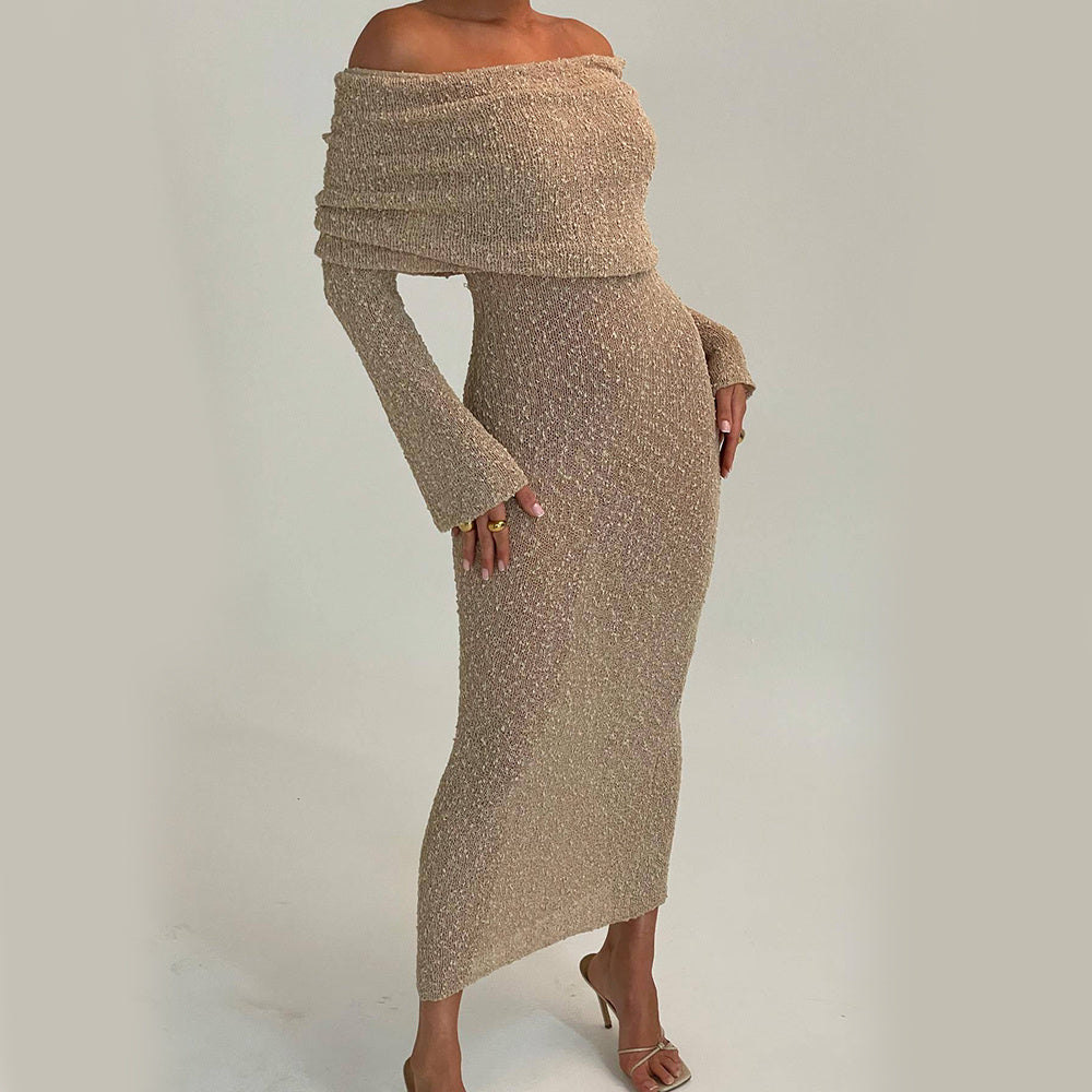 Off The-shoulder Knitted Long-sleeved Long Dress