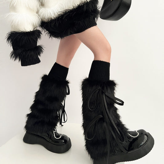 Warm Lace-up Fur Leg Warmer Mid-calf