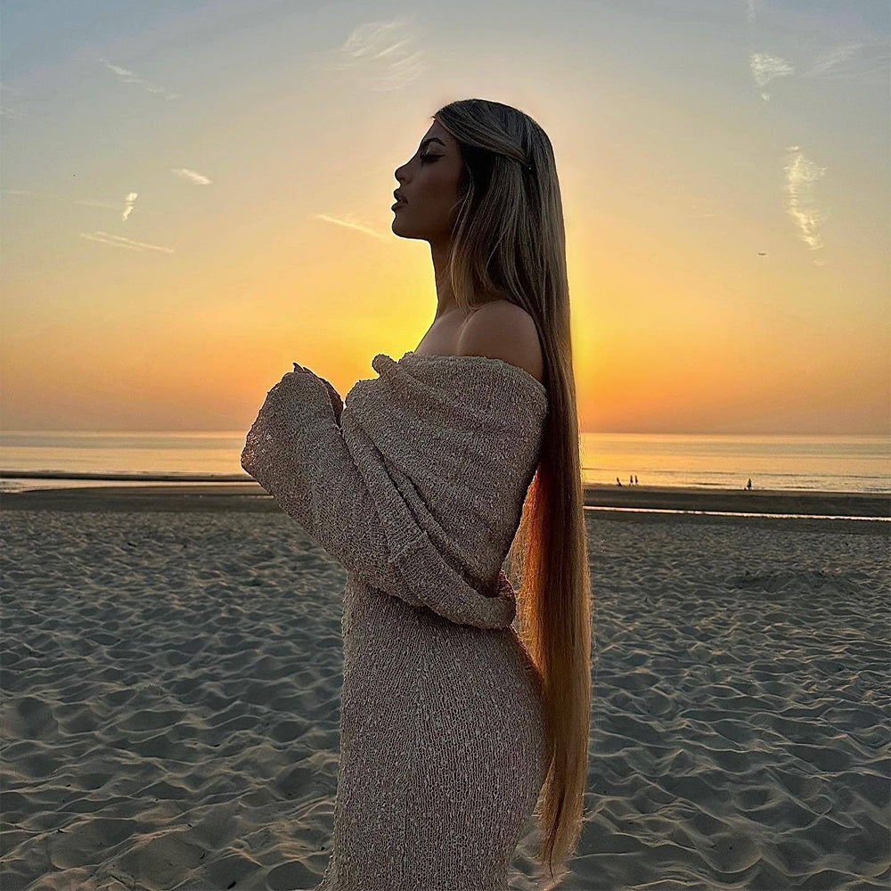 Off The-shoulder Knitted Long-sleeved Long Dress