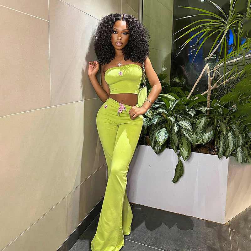 Embroidery Tube Top And High Waist Drawstring Bell-bottomed Pants Two-piece Set