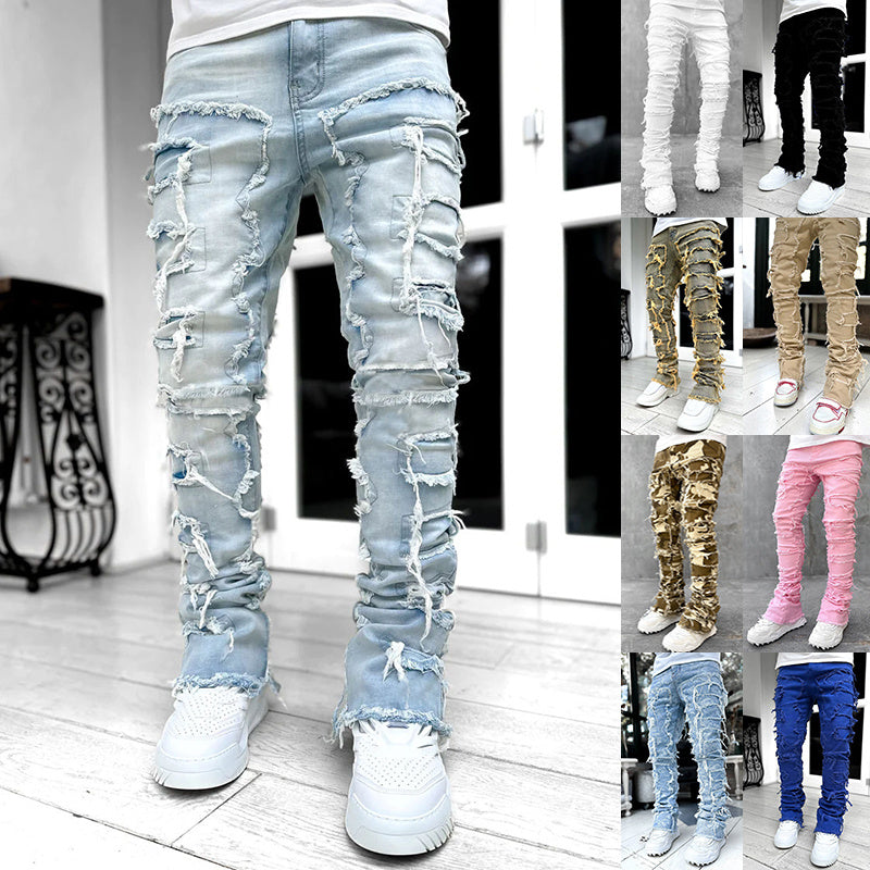 Men Individual Patched Long Tight Fit Stacked Jeans