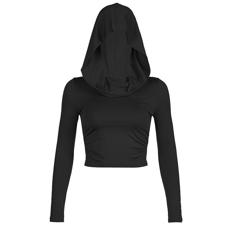 Draped Collar Off-shoulder Hooded Top